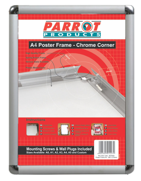 Parrot Poster Frame - Aluminium with Chrome Corners - A4